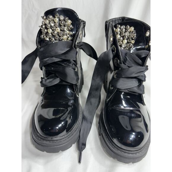 Black Rylee Pearl Rhinestone Lace up Round Toe Ankle Boots - Picture 7 of 7